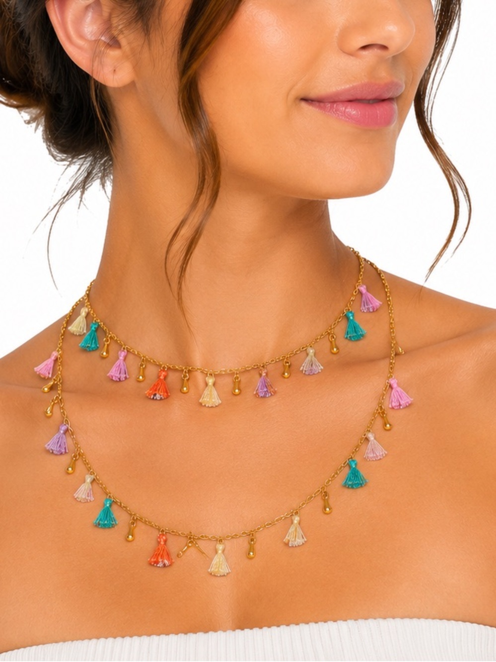 NEW - Carmen Multi Color Boho Tassel Gold Drop Chain Long Necklace 36”